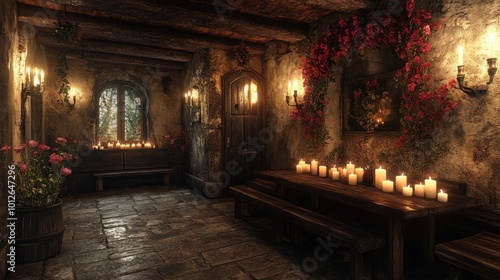 Cozy dining area with candles and flowers, shot from a low angle, emphasizing the romantic ambiance 