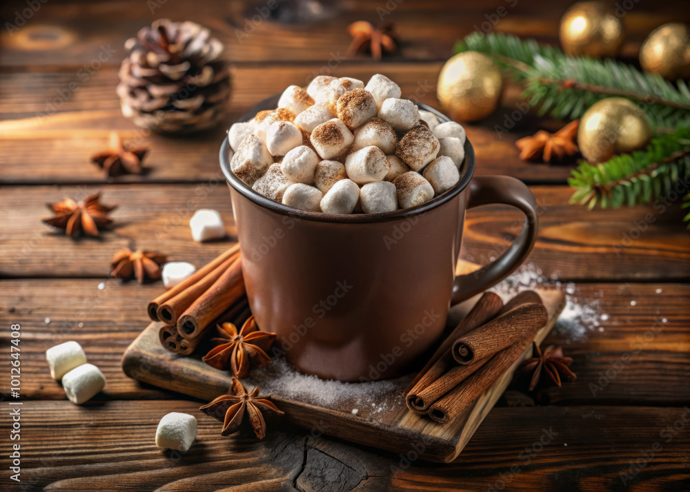 cozy cup of cocoa overflowing with fluffy white marshmallows, surrounded by festive decorations like pine cones and cinnamon sticks, evokes warmth and comfort cozy cup of cocoa overflowing with fluffy white marshmallows, surrounded by festive decorations like pine cones and cinnamon sticks, evokes warmth and comfort