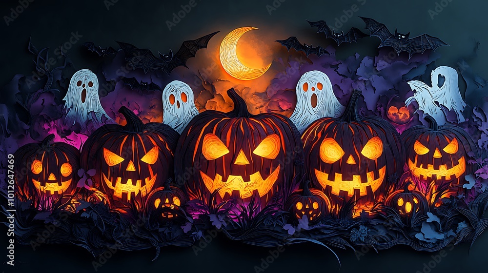 Jack-o'-lanterns glowing in the night, paper-cut design, their faces eerie and menacing, surrounded by swirling ghosts, crescent moon shining above, bats flapping overhead, Jack-o'-lanterns glowing in the night, paper-cut design, their faces eerie and menacing, surrounded by swirling ghosts, crescent moon shining above, bats flapping overhead,