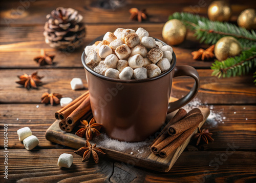 cozy cup of cocoa overflowing with fluffy white marshmallows, surrounded by festive decorations like pine cones and cinnamon sticks, evokes warmth and comfort