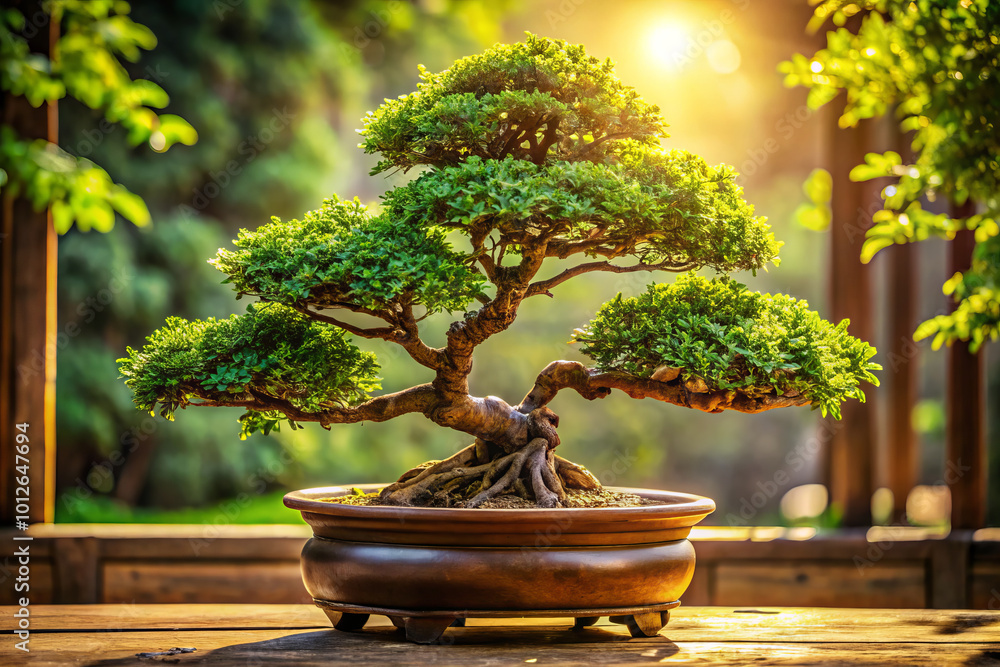 beautifully shaped bonsai tree with intricately pruned branches and lush green leaves, basking in warm glow of sunlight, creates serene and tranquil atmosphere beautifully shaped bonsai tree with intricately pruned branches and lush green leaves, basking in warm glow of sunlight, creates serene and tranquil atmosphere