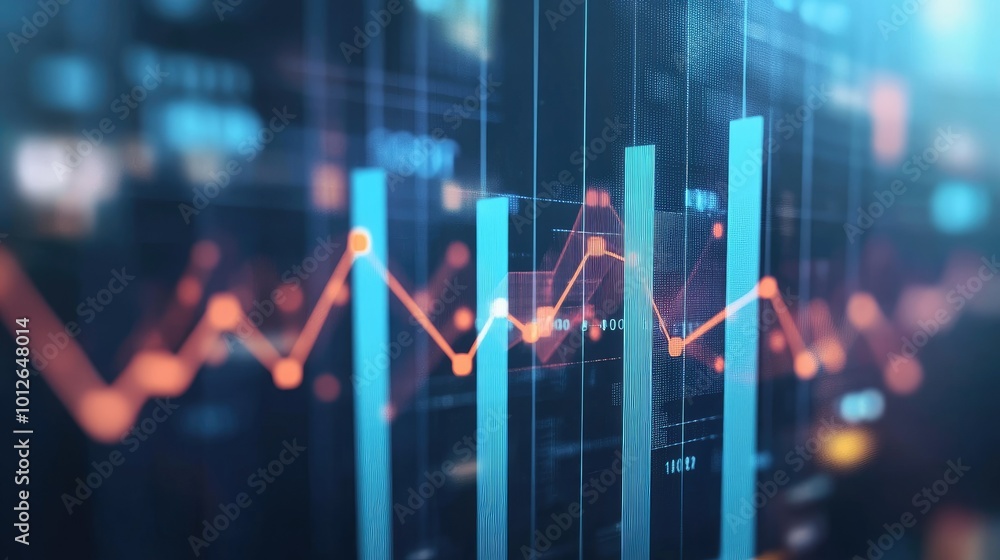 Financial bar chart with connected dots displaying business rise and fall trends, demonstrating profit growth and challenges. Ample white space for text Financial bar chart with connected dots displaying business rise and fall trends, demonstrating profit growth and challenges. Ample white space for text