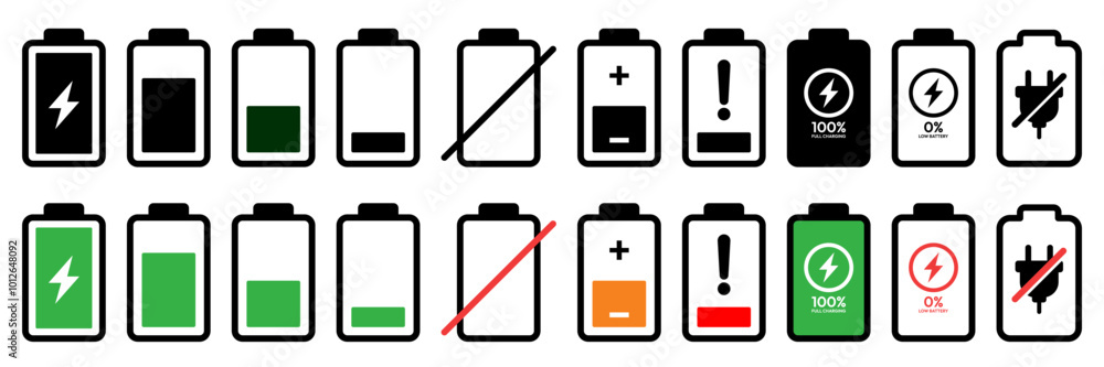 Battery fast charging features and issues icon set in black and colorful style. Battery icon set. Battery Full charge indicator or low charge sign. Level battery Energy powerfully full. Battery fast charging features and issues icon set in black and colorful style. Battery icon set. Battery Full charge indicator or low charge sign. Level battery Energy powerfully full.