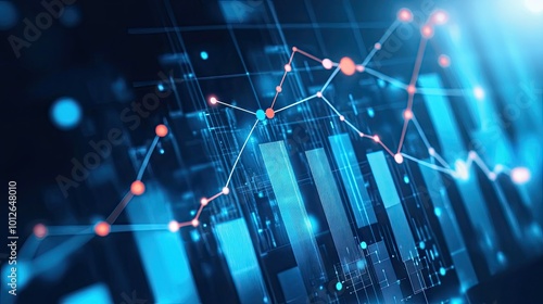 Financial bar chart with connected dots displaying business rise and fall trends, demonstrating profit growth and challenges. Ample white space for text