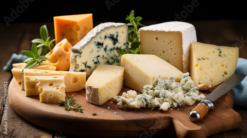 A wooden board with various types of cheese, including brie, Parmesan and Muenster, arranged neatly 