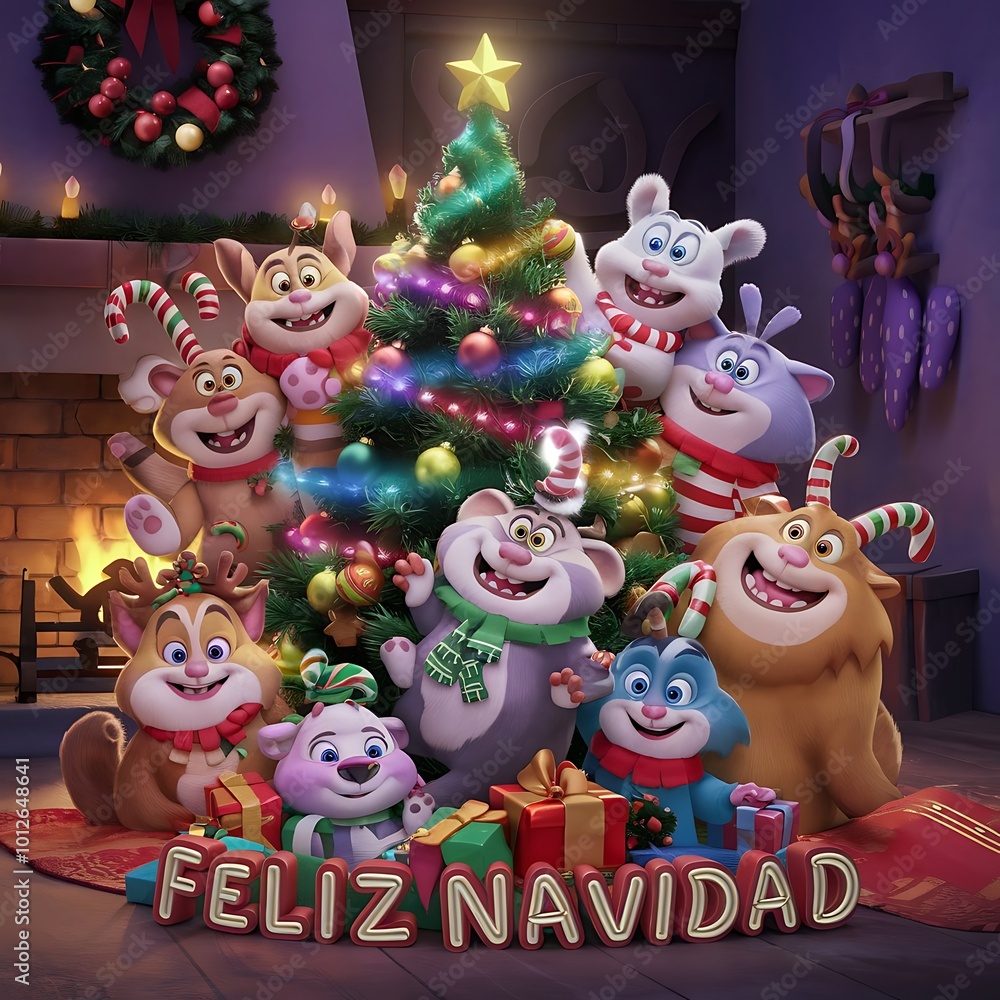 Naklejka premium Feliz Navidad árbol de Navidad perro, gato y ciervo merry Christmas dog and cat Winter tree Design Imágenes de perro, gato y ciervo en Navidad, 
