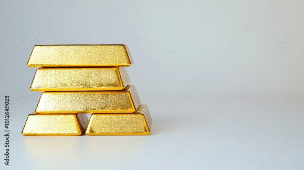 Gold bars stacked on a white surface, showing the rise in value and cost of precious metals. Clean and professional with ample space for copy. Gold bars stacked on a white surface, showing the rise in value and cost of precious metals. Clean and professional with ample space for copy.