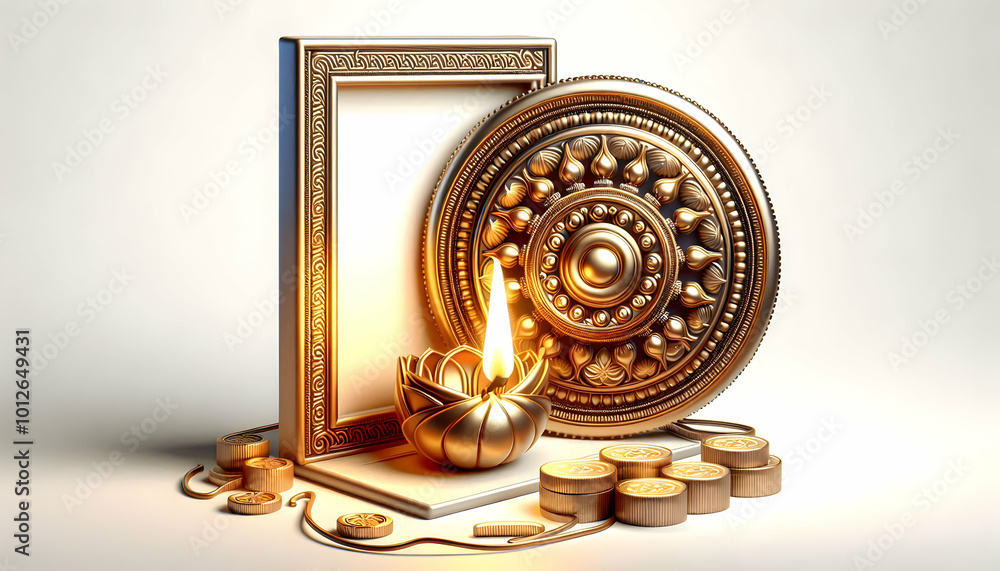 3D Labh Pancham diya and coin border frame with copy space concept as A minimalist border frame featuring a Labh Pancham diya and coin on opposite corners leaving ample copy space in the center. The d 3D Labh Pancham diya and coin border frame with copy space concept as A minimalist border frame featuring a Labh Pancham diya and coin on opposite corners leaving ample copy space in the center. The d