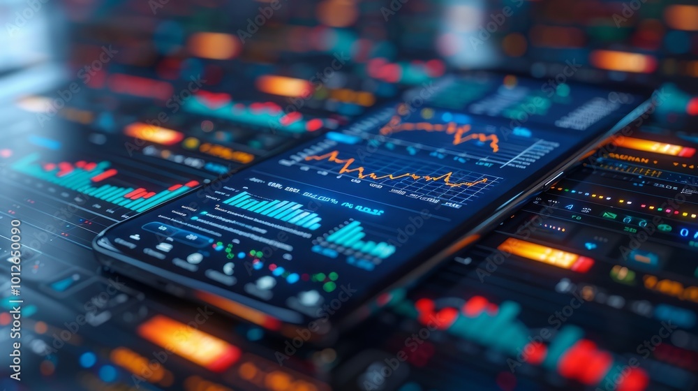 A smartphone with stock market data displayed on its screen, resting on a surface with other data in the background. A smartphone with stock market data displayed on its screen, resting on a surface with other data in the background.