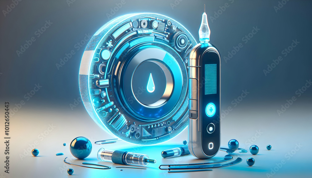 3D Holographic Lancet Device Icon with Blue Circle on White Background - Glossy, Reflective Effects Highlighting World Diabetes Day - Ample Copy Space Concept 3D Holographic Lancet Device Icon with Blue Circle on White Background - Glossy, Reflective Effects Highlighting World Diabetes Day - Ample Copy Space Concept