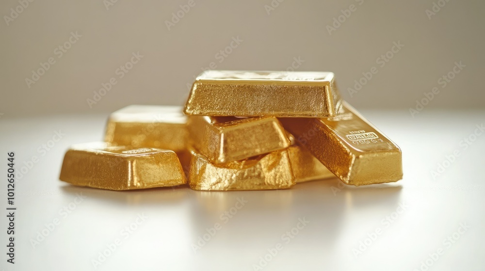Pile of gold bars resting on a white surface, symbolizing the increase in gold's value and market prices. Room for business message or text. Pile of gold bars resting on a white surface, symbolizing the increase in gold's value and market prices. Room for business message or text.
