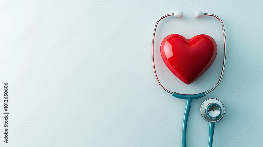 Red heart encircled by a stethoscope on a white background, ideal for a World Health Day banner or promotion. Ample room for text or health-related information. Red heart encircled by a stethoscope on a white background, ideal for a World Health Day banner or promotion. Ample room for text or health-related information.