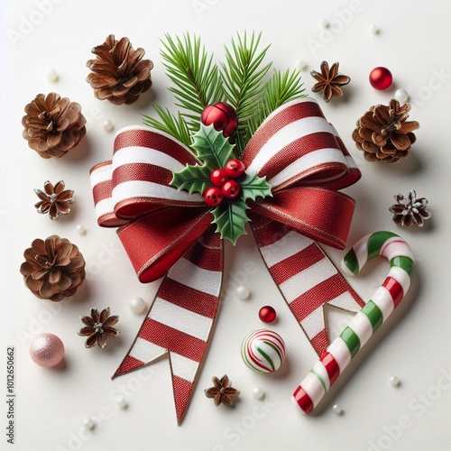  a Coquette Candy Cane with christmas bow, add holly, and pine cones. Concept of festivity and joy