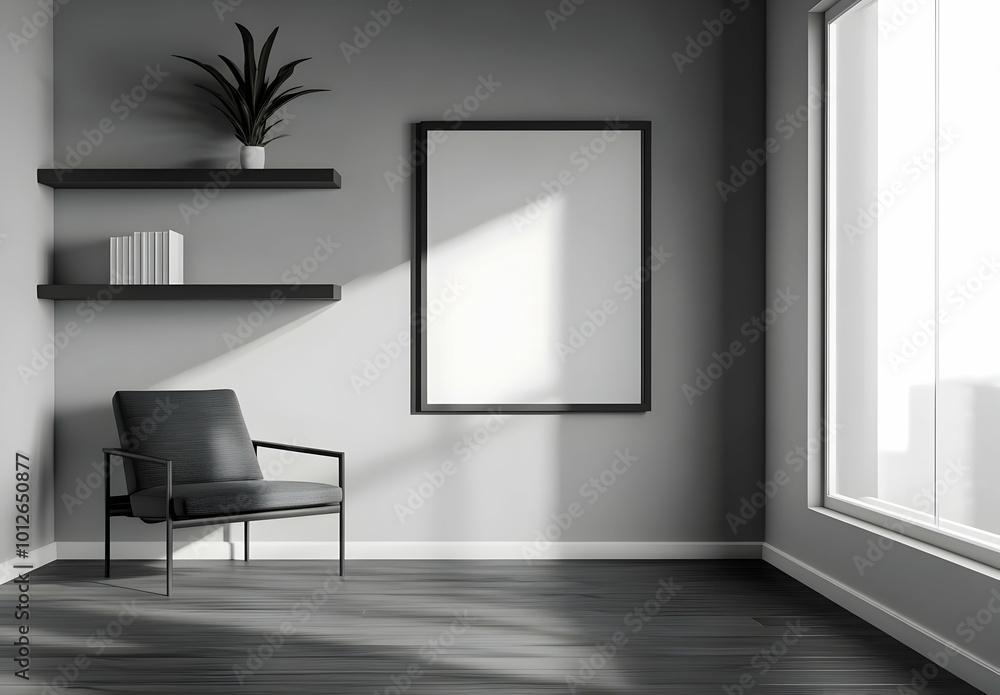 Modern Gray Room with Armchair and Shelf Modern Gray Room with Armchair and Shelf