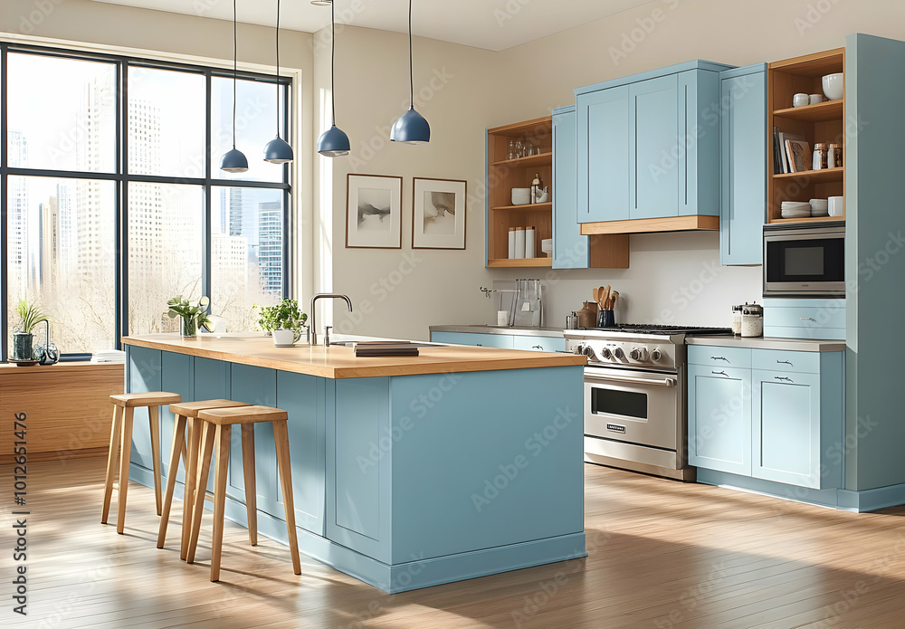 Fototapeta premium Modern Minimalist Kitchen with Light Blue Cabinets