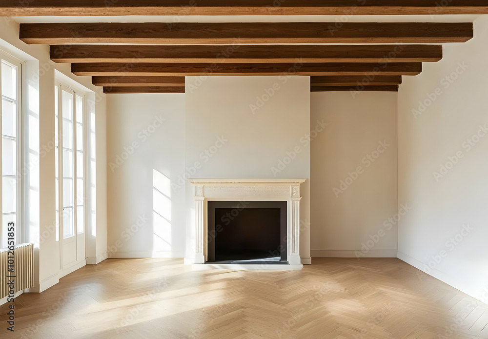 Modern Empty Room with Fireplace and Parquet Flooring