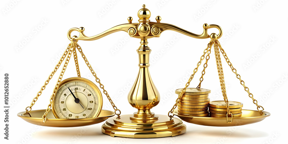 Flying Golden Scales Balancing Money and Clock - Symbolizing Time Management in Business | Intricate Photo Stock Concept with Reflective Surfaces Flying Golden Scales Balancing Money and Clock - Symbolizing Time Management in Business | Intricate Photo Stock Concept with Reflective Surfaces