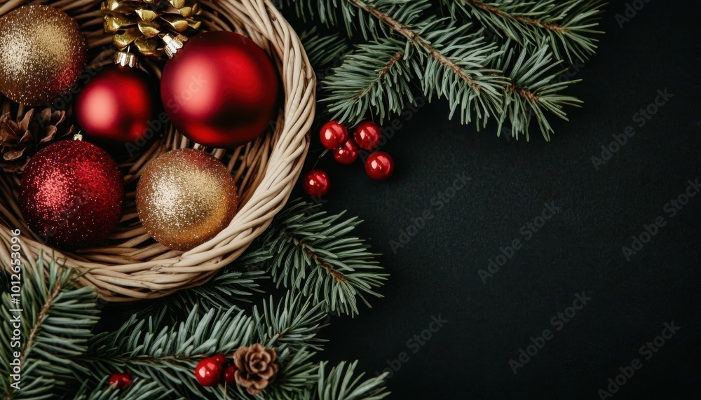 Woven basket texture in natural tones, with red and gold Christmas ornaments nestled among pine branches, background, no blur, photo not dark, everything is clear, copy space Woven basket texture in natural tones, with red and gold Christmas ornaments nestled among pine branches, background, no blur, photo not dark, everything is clear, copy space