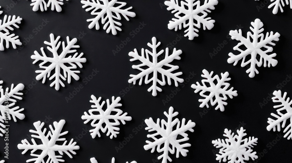 White snowflakes intricately designed, scattered across a black background in a festive, minimalist pattern, background, no blur, photo not dark, everything is clear, copy space White snowflakes intricately designed, scattered across a black background in a festive, minimalist pattern, background, no blur, photo not dark, everything is clear, copy space