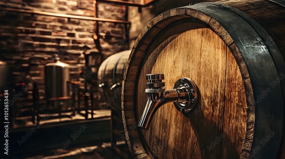 Modern Tap on Classic Barrel: A Close-Up Showcase of Premium Red Wine Brand Modern Tap on Classic Barrel: A Close-Up Showcase of Premium Red Wine Brand