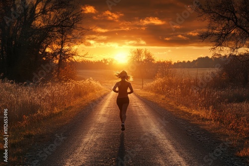 Girl jogging on country road at sunset