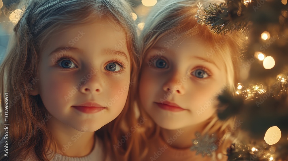 Two young girls standing next to a christmas tree created with Generative AI technology Two young girls standing next to a christmas tree created with Generative AI technology