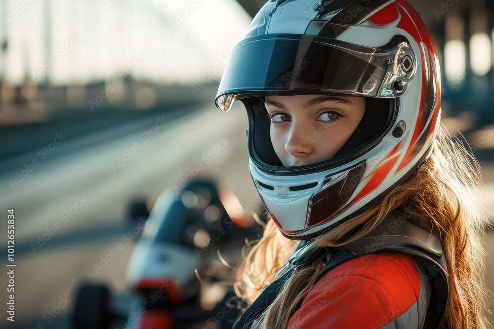 Girl racer in helmet posing with kart on track on sunny day Girl racer in helmet posing with kart on track on sunny day