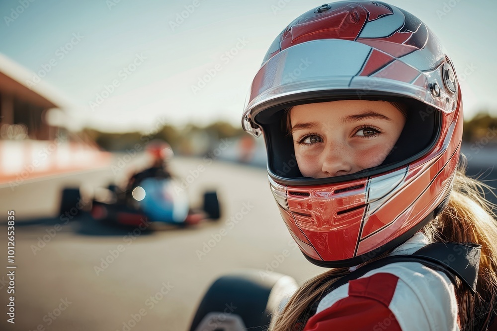 Girl racer posing by kart in helmet on sunny day Girl racer posing by kart in helmet on sunny day