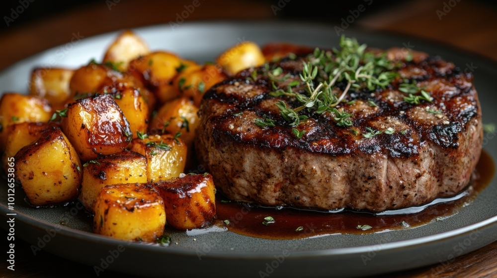 Delicious gourmet meal plated elegantly, captured from a side angle, showcasing the colors and presentation Delicious gourmet meal plated elegantly, captured from a side angle, showcasing the colors and presentation