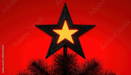 Black Christmas star topper glowing on a redlit tree, 3D illustration, background, no blur, photo not dark, everything is clear, copy space photo