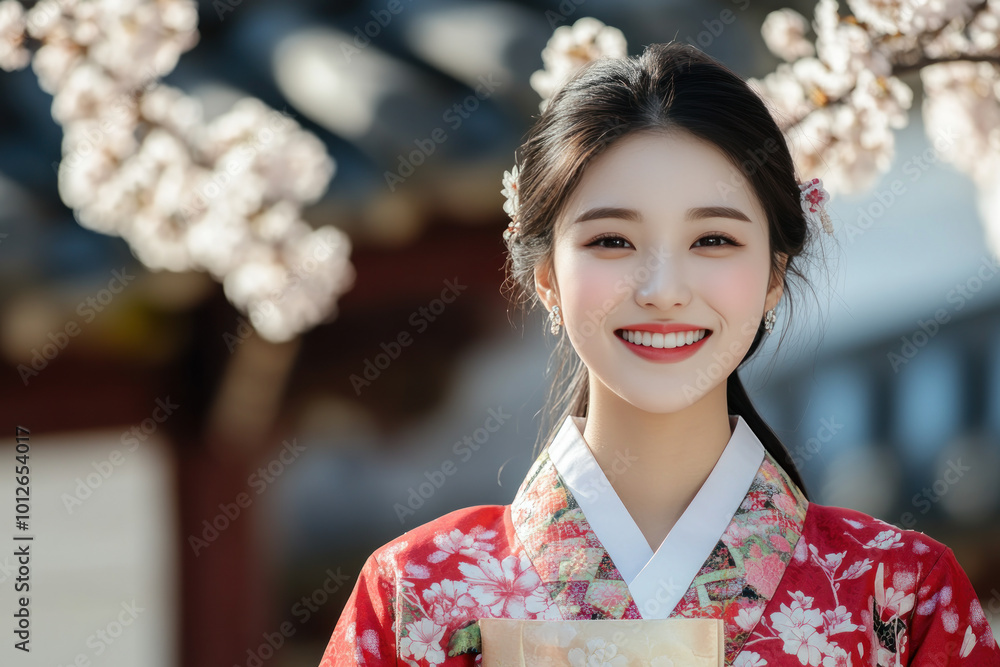Arabian woman smile wearing traditional korean hanbok cloth in cherry blossom Arabian woman smile wearing traditional korean hanbok cloth in cherry blossom
