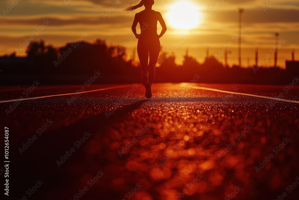 Girl silhouette running on red track at sunrise Girl silhouette running on red track at sunrise