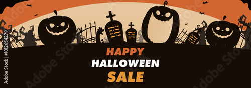 パンプキンとお墓で飾られたハロウィンのセール広告バナー背景テンプレート（オレンジ）　Halloween Sale Ad Banner Background Template Decorated with Pumpkins and Graves (orange)