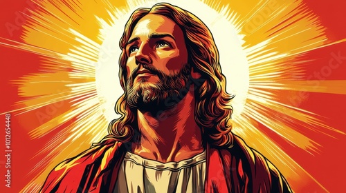 Wallpaper Mural Iconic illustration of Jesus with a calm expression, surrounded by a halo, depicted in classic pop-art style Torontodigital.ca