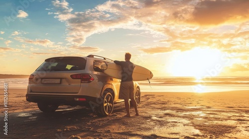 Fototapeta Naklejka Na Ścianę i Meble -  Person placing surfboard inside vehicle at the beach during a sunny day adventure