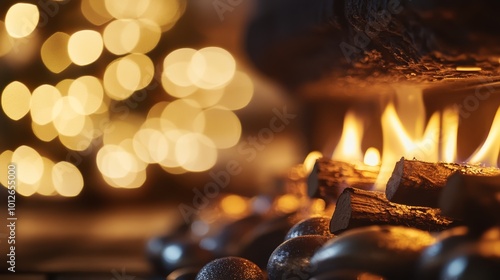 Cozy Fireplace with Warm Glowing Lights and Logs