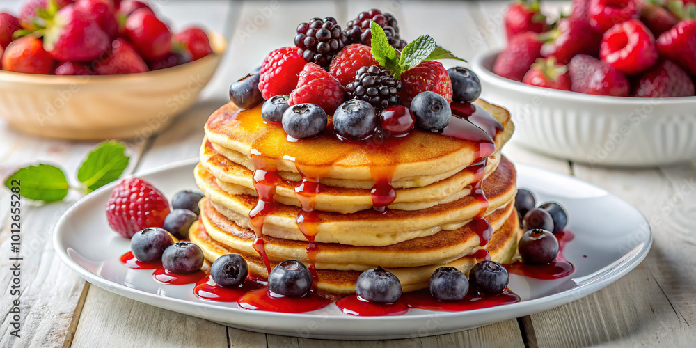 Delicious pancakes stacked high, topped with fresh mixed berries and drizzled with syrup, create tempting breakfast treat that is visually appealing and satisfying Delicious pancakes stacked high, topped with fresh mixed berries and drizzled with syrup, create tempting breakfast treat that is visually appealing and satisfying