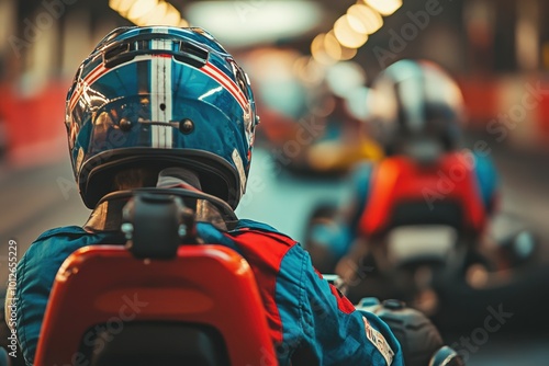 Go kart drivers in helmets view from behind racing photo