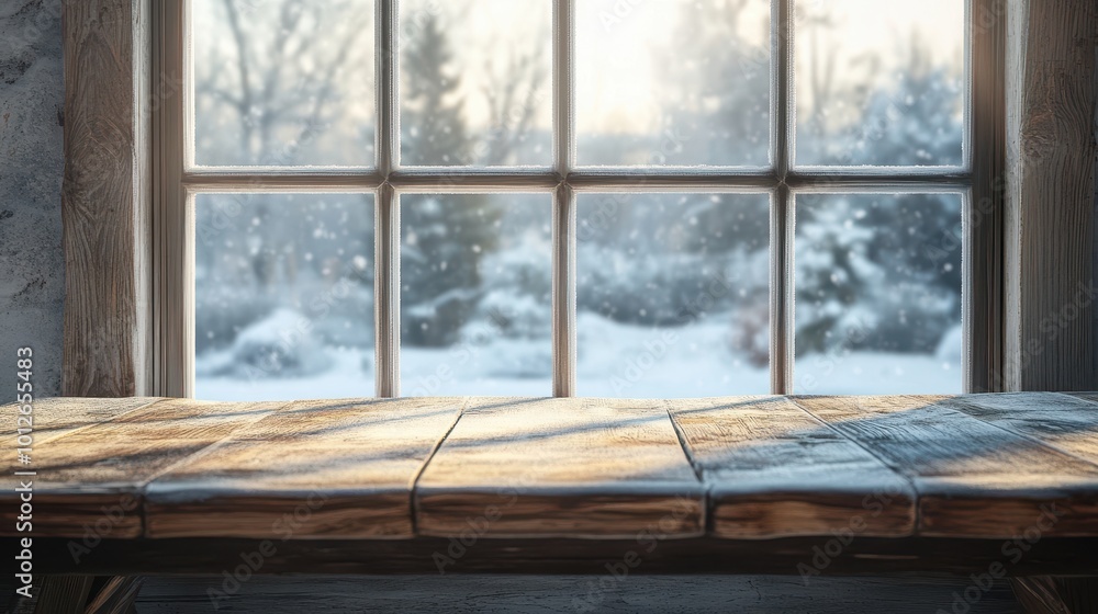 Empty table and winter window in background Empty table and winter window in background