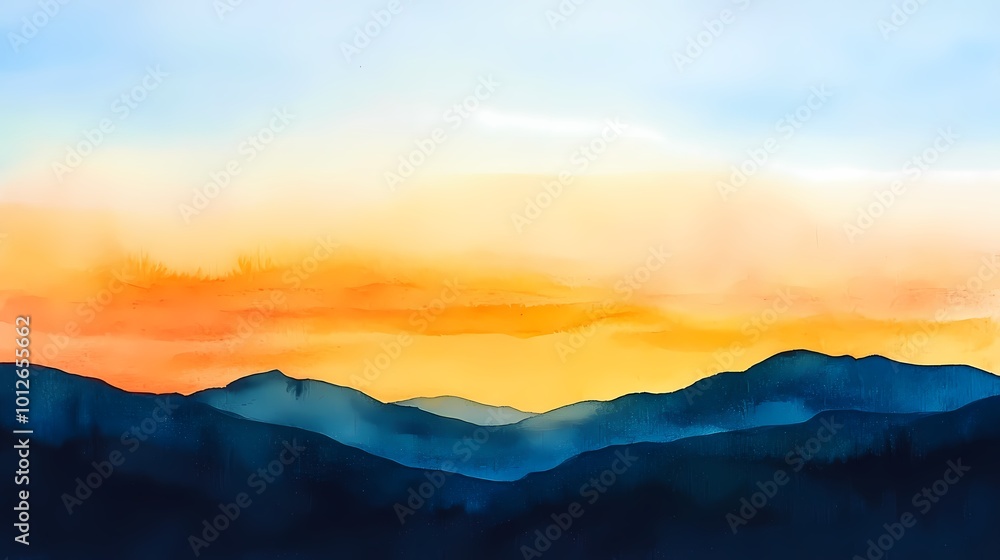 Fototapeta premium Watercolor orange blue landscape illustration poster background
