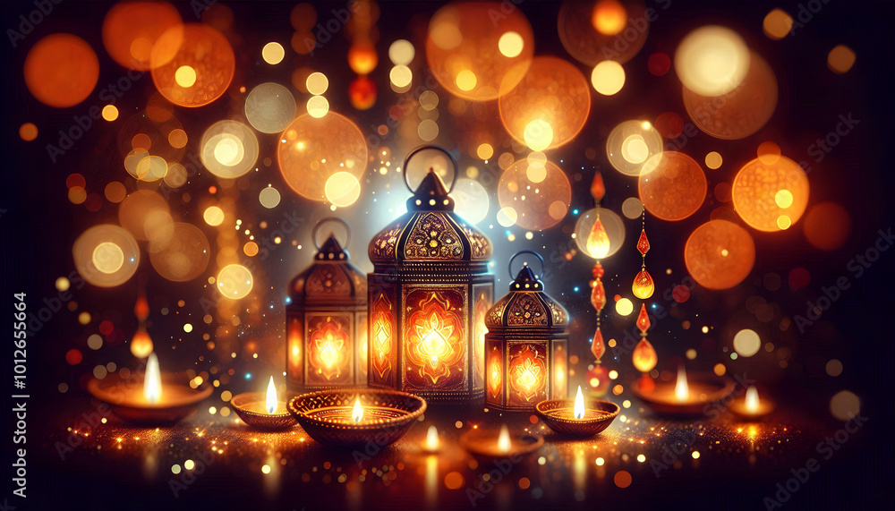 Abstract Digital Art of Diwali Lanterns and Glowing Patterns: A Cultural Artwork Representing Traditional Gatherings and Modern Celebrations in Stock Photography Abstract Digital Art of Diwali Lanterns and Glowing Patterns: A Cultural Artwork Representing Traditional Gatherings and Modern Celebrations in Stock Photography