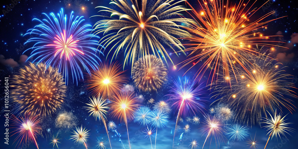 Naklejka premium Dazzling fireworks burst in vibrant colors against midnight blue sky, creating stunning display of light and joy. scene captures excitement and beauty of celebration