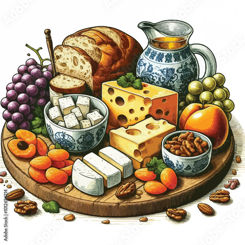 Dutch-style cheese board, with a mix of cheddar and mozzarella cheese Vector