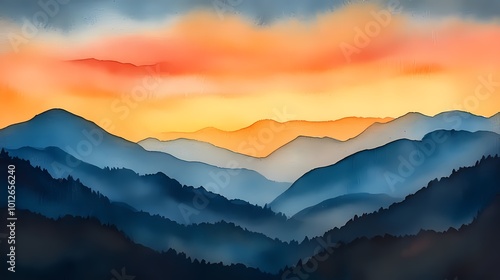 Watercolor orange blue landscape illustration poster background