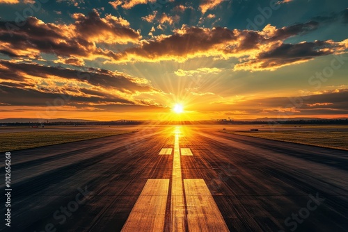 Fototapeta Naklejka Na Ścianę i Meble -  Golden hour at airport runway with sunset landscape