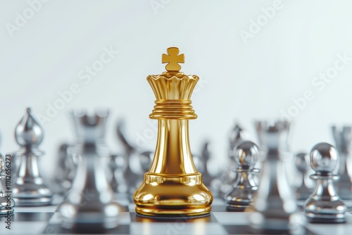 Golden king chess piece on corner of chessboard surrounded by silver pieces Symbolizes leadership competition strategy photo