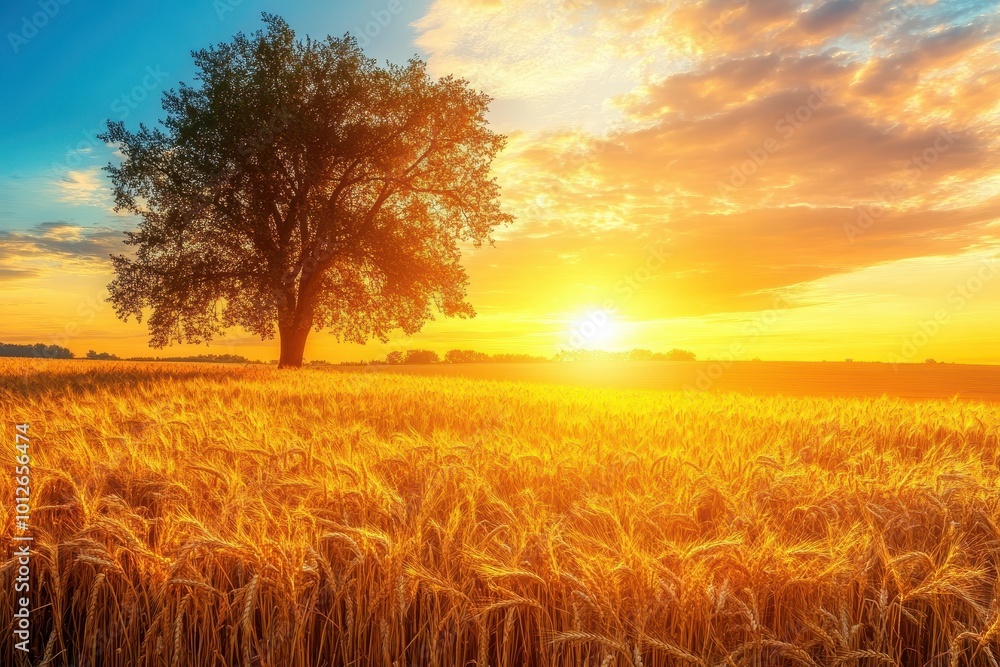 Golden wheat field at sunset in rural countryside with trees Golden wheat field at sunset in rural countryside with trees