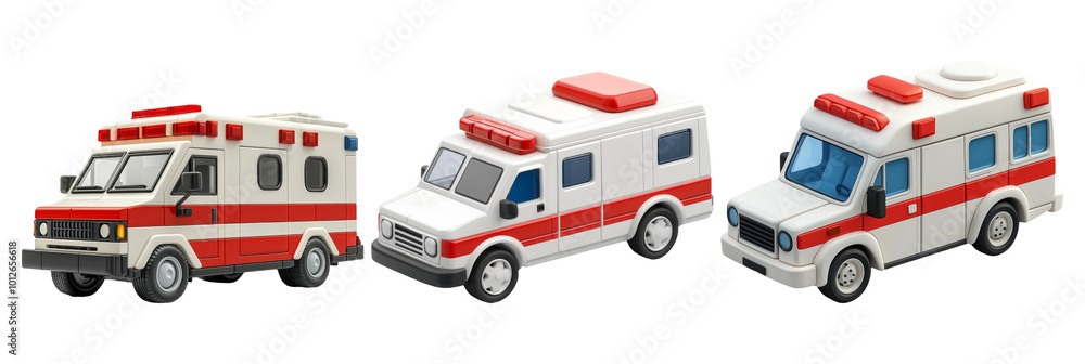 Fototapeta premium Colorful 3d Rendered Models Of Ambulance Vehicles On Transparent Background