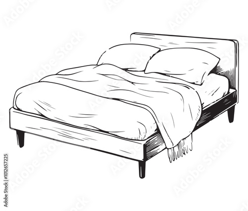 Bed in the bedroom, Silhouette of a bed, Line art bed vector