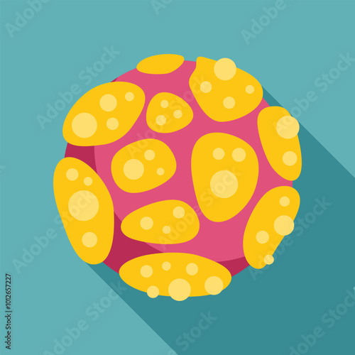 Spherical bacteria, virus or cell is multiplying by division, creating copy of itself with long shadow on turquoise background